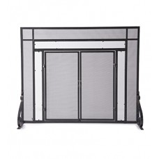 Large Fireplace Screen with Hinged Magnetic Doors  Tubular Steel Frame  Tempered Glass Accents  Metal Mesh  Free Standing Spark Guard  Decorative Design  Matte Black Finish  44 W x 33 H - B005FNJ6V6